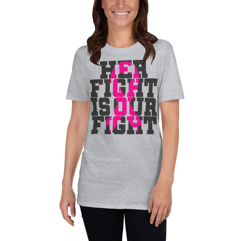 A luta dela é a nossa luta, fita rosa, camiseta unissex para conscientização do câncer - plusminusco.com