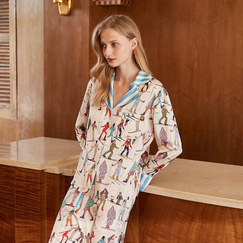 Ice silk pajamas women high end ins style lapel spring and autumn long sleeved home wear - plusminusco.com