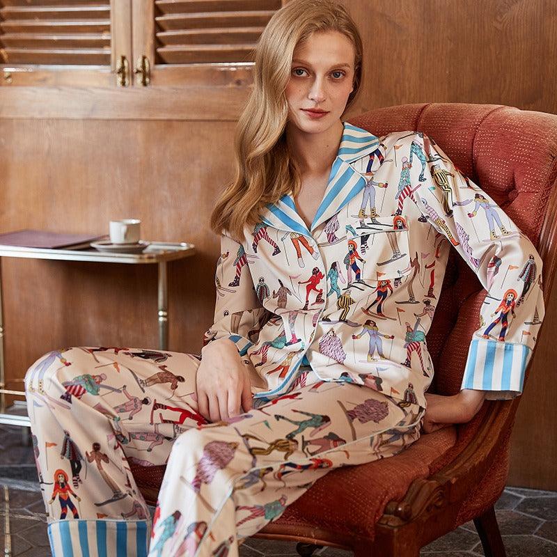 Ice silk pajamas women high end ins style lapel spring and autumn long sleeved home wear - plusminusco.com