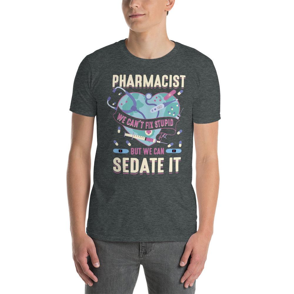 pharmacist we can't fix stupid, but we can sedate it t-shirt - plusminusco.com