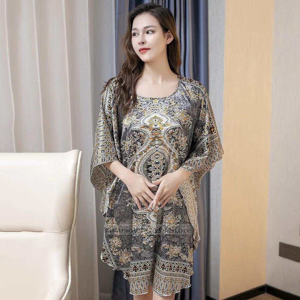 Plus Size Nightgown Sleepwear Women's Summer Nightwear Robe Lady Sexy Nightdress Silk Rayon Loose Bathrobe Gown Home Dress - plusminusco.com