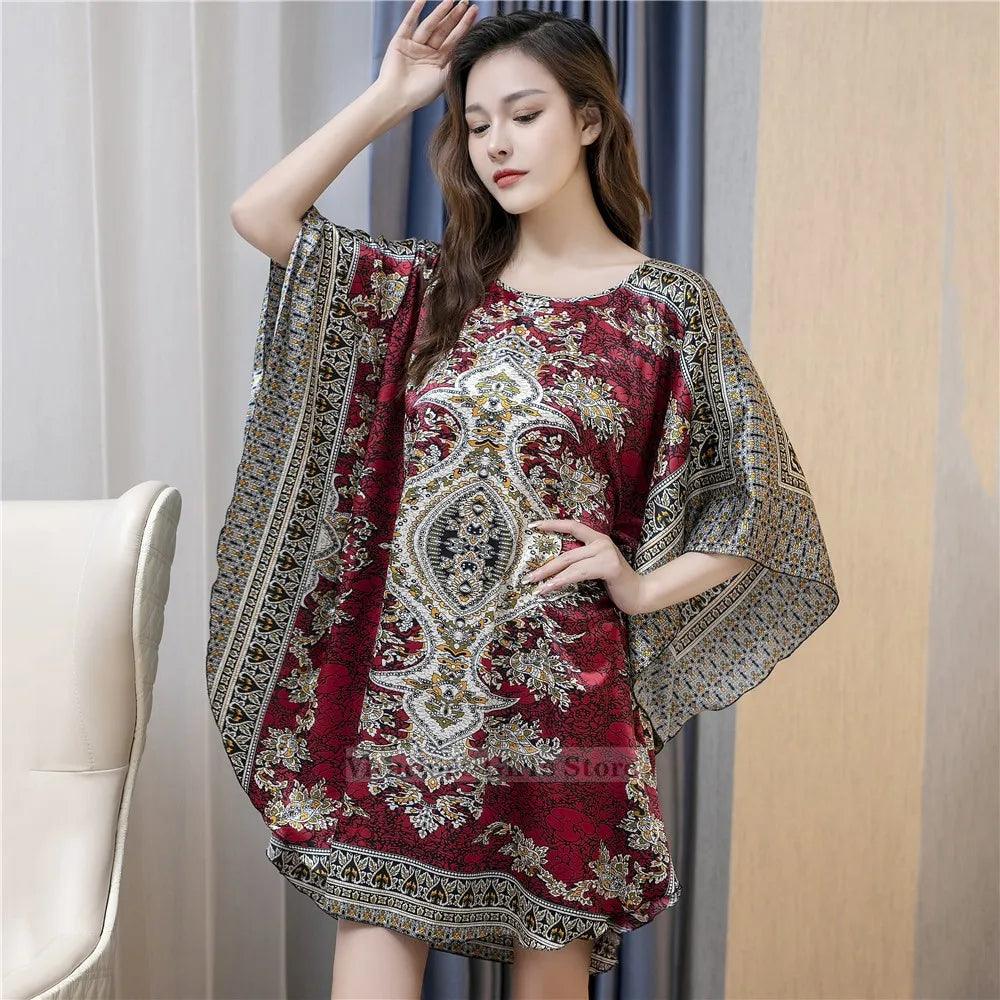 Plus Size Nightgown Sleepwear Women's Summer Nightwear Robe Lady Sexy Nightdress Silk Rayon Loose Bathrobe Gown Home Dress - plusminusco.com