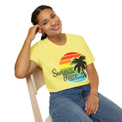 Retro Beach Summer Vibe Sunset And Palm Trees Unisex Softstyle T-Shirt Cotton, Crew neck, DTG, Men's Clothing, Regular fit, T-shirts, Women's Clothing - plusminusco.com