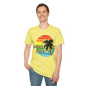 Retro Beach Summer Vibe Sunset And Palm Trees Unisex Softstyle T-Shirt Cotton, Crew neck, DTG, Men's Clothing, Regular fit, T-shirts, Women's Clothing - plusminusco.com