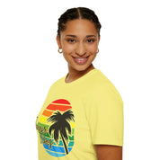 Retro Beach Summer Vibe Sunset And Palm Trees Unisex Softstyle T-Shirt Cotton, Crew neck, DTG, Men's Clothing, Regular fit, T-shirts, Women's Clothing - plusminusco.com