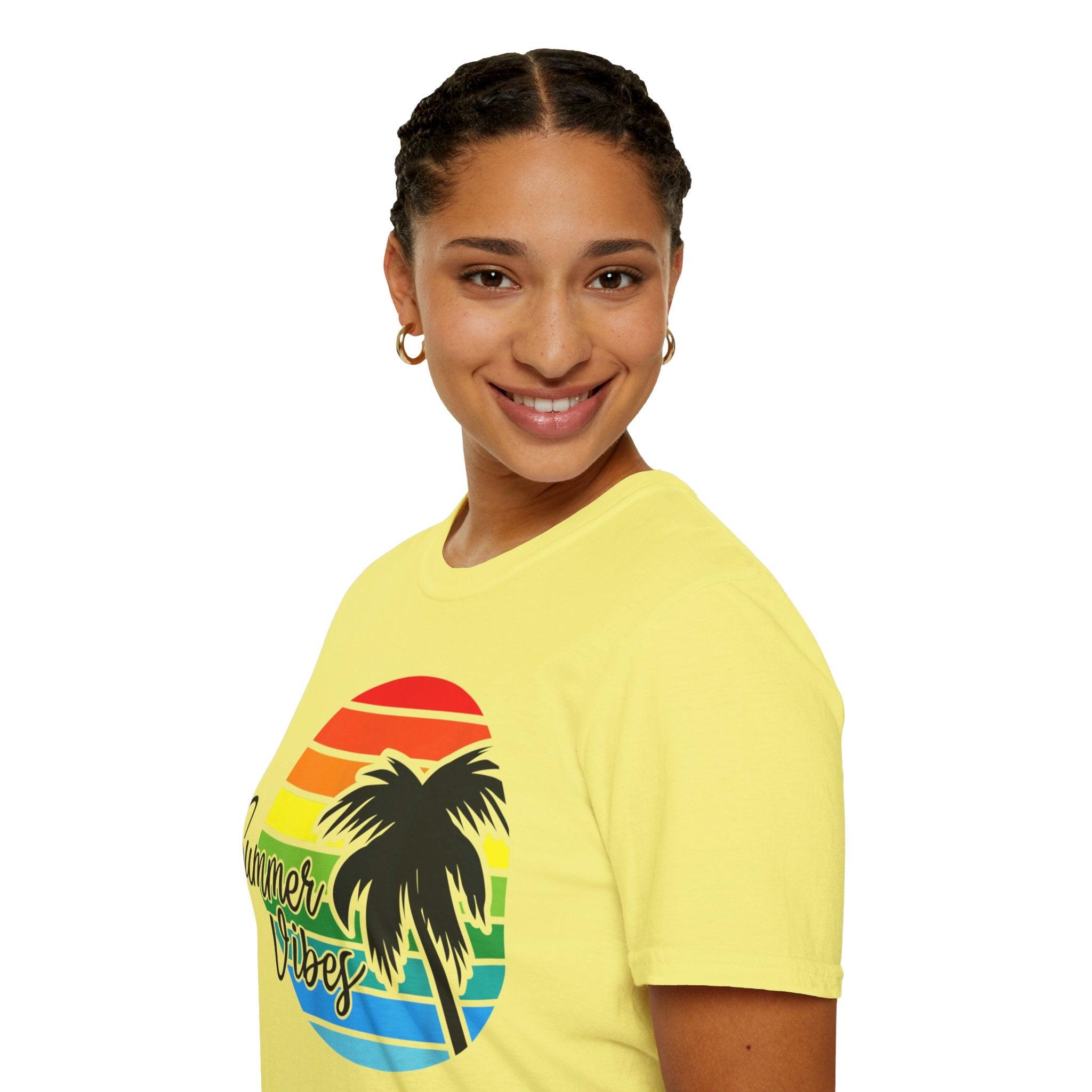 Retro Beach Summer Vibe Sunset And Palm Trees Unisex Softstyle T-Shirt Cotton, Crew neck, DTG, Men's Clothing, Regular fit, T-shirts, Women's Clothing - plusminusco.com