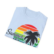 Retro Beach Summer Vibe Sunset And Palm Trees Unisex Softstyle T-Shirt Cotton, Crew neck, DTG, Men's Clothing, Regular fit, T-shirts, Women's Clothing - plusminusco.com