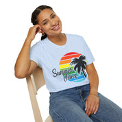 Retro Beach Summer Vibe Sunset And Palm Trees Unisex Softstyle T-Shirt Cotton, Crew neck, DTG, Men's Clothing, Regular fit, T-shirts, Women's Clothing - plusminusco.com