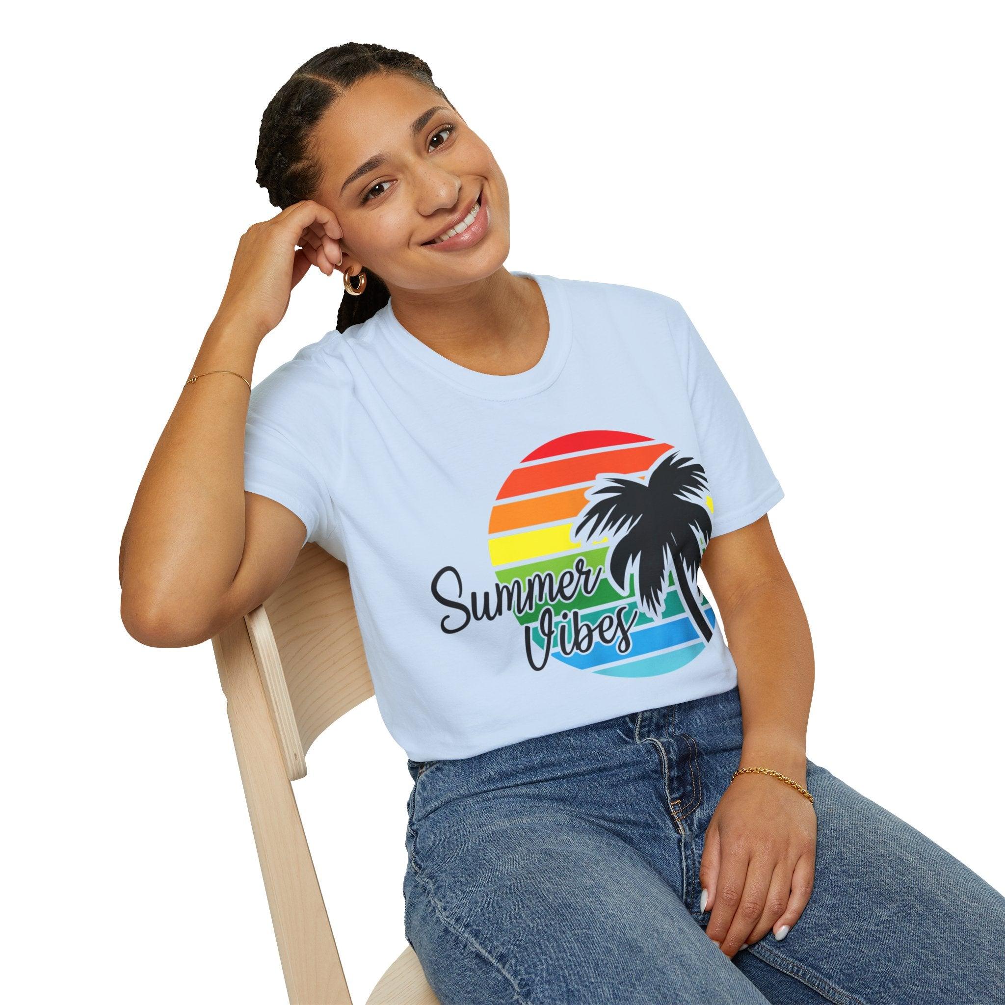 Retro Beach Summer Vibe Sunset And Palm Trees Unisex Softstyle T-Shirt Cotton, Crew neck, DTG, Men's Clothing, Regular fit, T-shirts, Women's Clothing - plusminusco.com