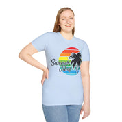 Retro Beach Summer Vibe Sunset And Palm Trees Unisex Softstyle T-Shirt Cotton, Crew neck, DTG, Men's Clothing, Regular fit, T-shirts, Women's Clothing - plusminusco.com