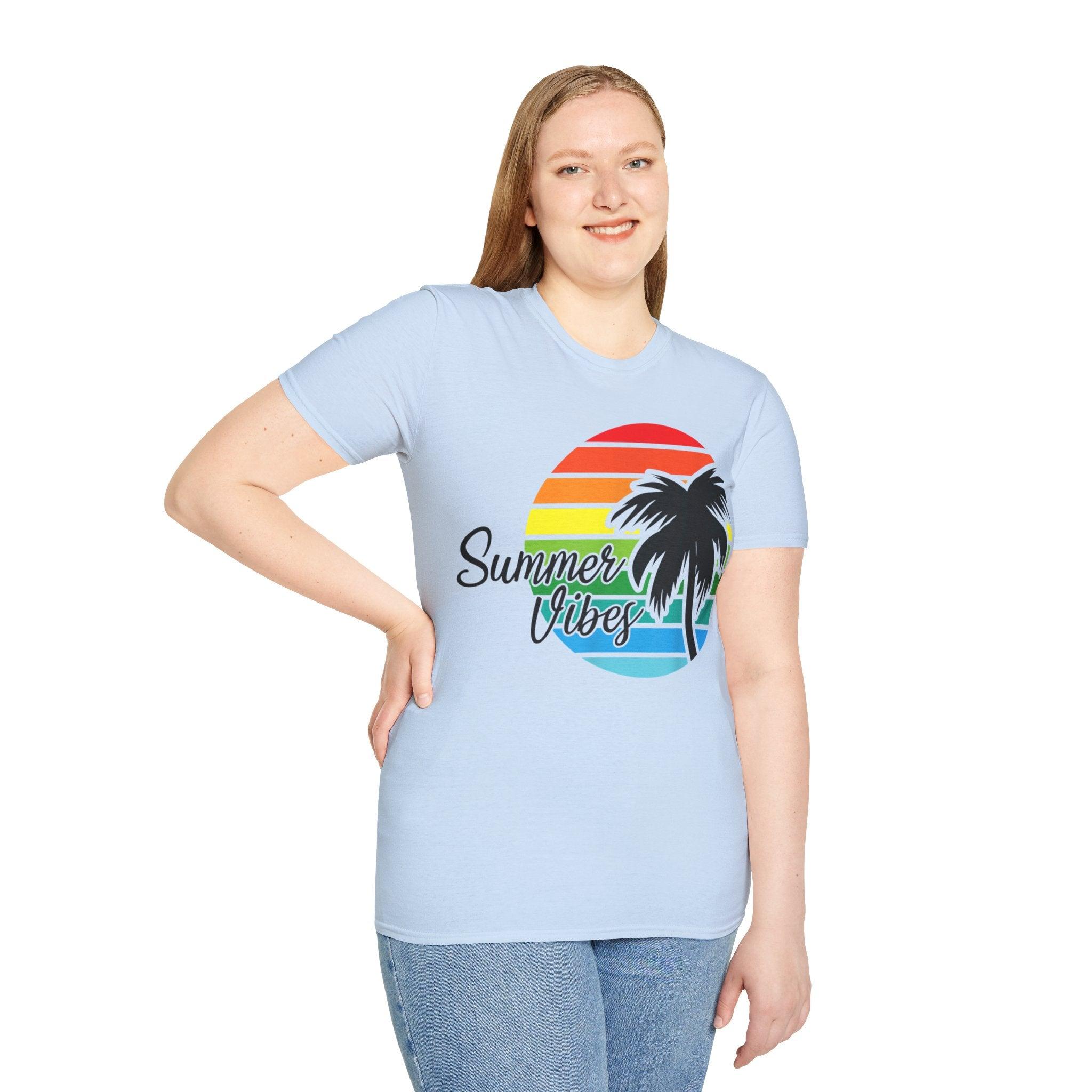 Retro Beach Summer Vibe Sunset And Palm Trees Unisex Softstyle T-Shirt Cotton, Crew neck, DTG, Men's Clothing, Regular fit, T-shirts, Women's Clothing - plusminusco.com