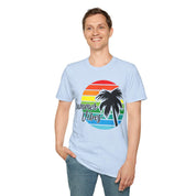Retro Beach Summer Vibe Sunset And Palm Trees Unisex Softstyle T-Shirt Cotton, Crew neck, DTG, Men's Clothing, Regular fit, T-shirts, Women's Clothing - plusminusco.com