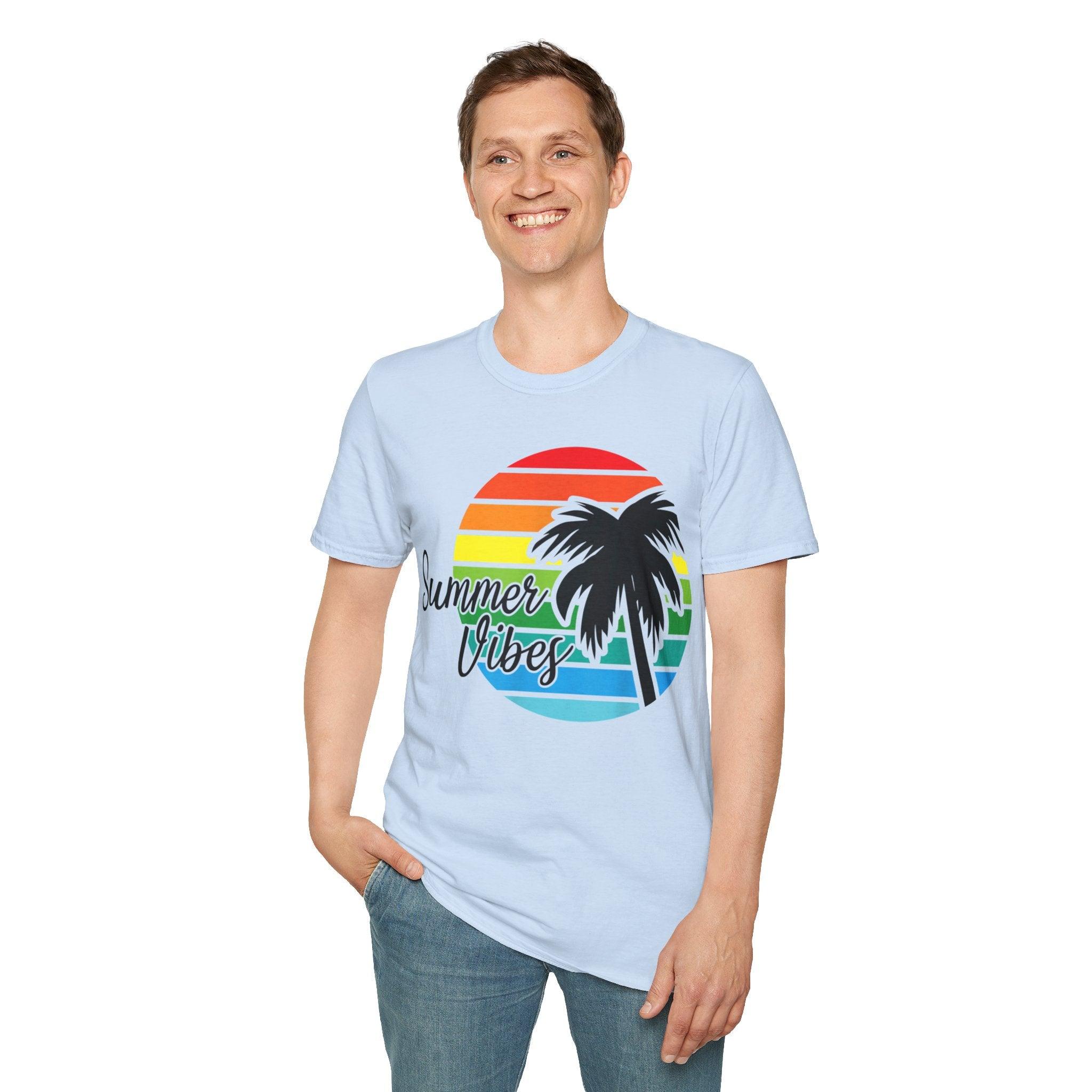 Retro Beach Summer Vibe Sunset And Palm Trees Unisex Softstyle T-Shirt Cotton, Crew neck, DTG, Men's Clothing, Regular fit, T-shirts, Women's Clothing - plusminusco.com