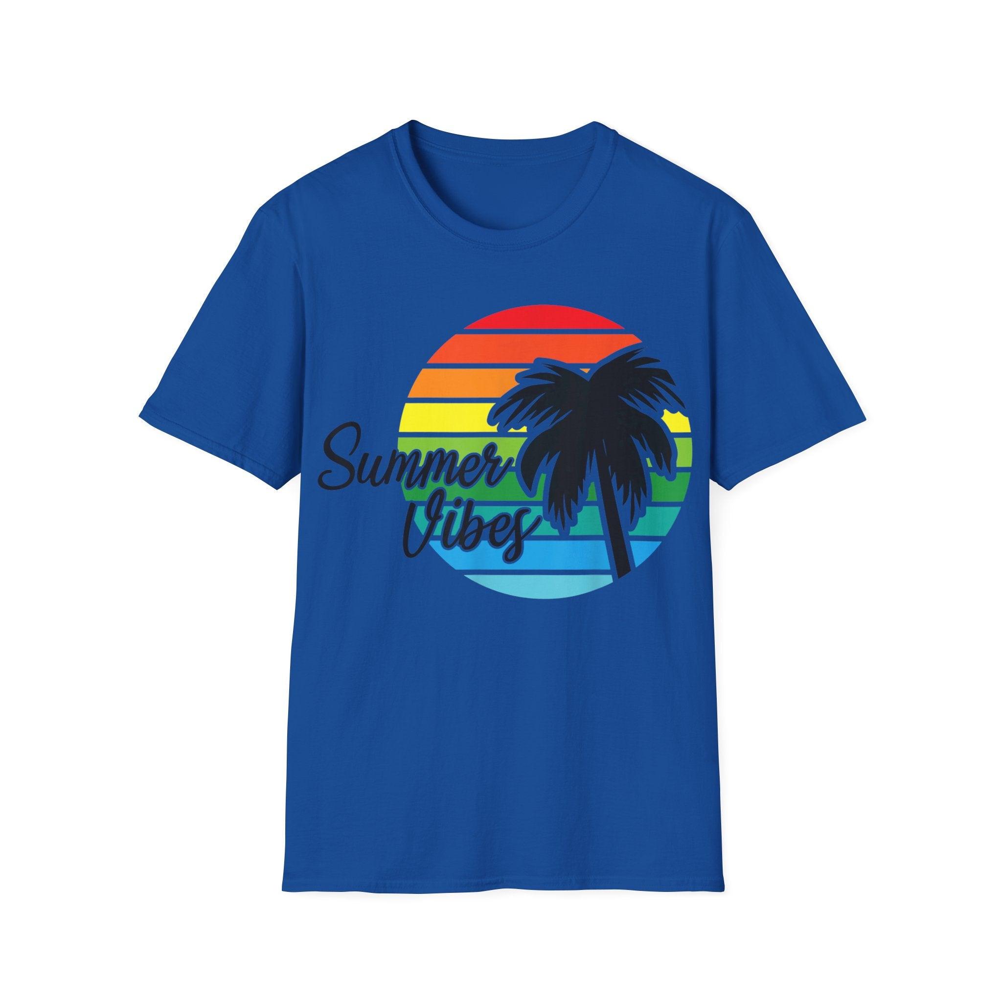 Retro Beach Summer Vibe Sunset And Palm Trees Unisex Softstyle T-Shirt Cotton, Crew neck, DTG, Men's Clothing, Regular fit, T-shirts, Women's Clothing - plusminusco.com