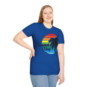 Retro Beach Summer Vibe Sunset And Palm Trees Unisex Softstyle T-Shirt Cotton, Crew neck, DTG, Men's Clothing, Regular fit, T-shirts, Women's Clothing - plusminusco.com