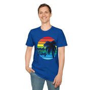 Retro Beach Summer Vibe Sunset And Palm Trees Unisex Softstyle T-Shirt Cotton, Crew neck, DTG, Men's Clothing, Regular fit, T-shirts, Women's Clothing - plusminusco.com