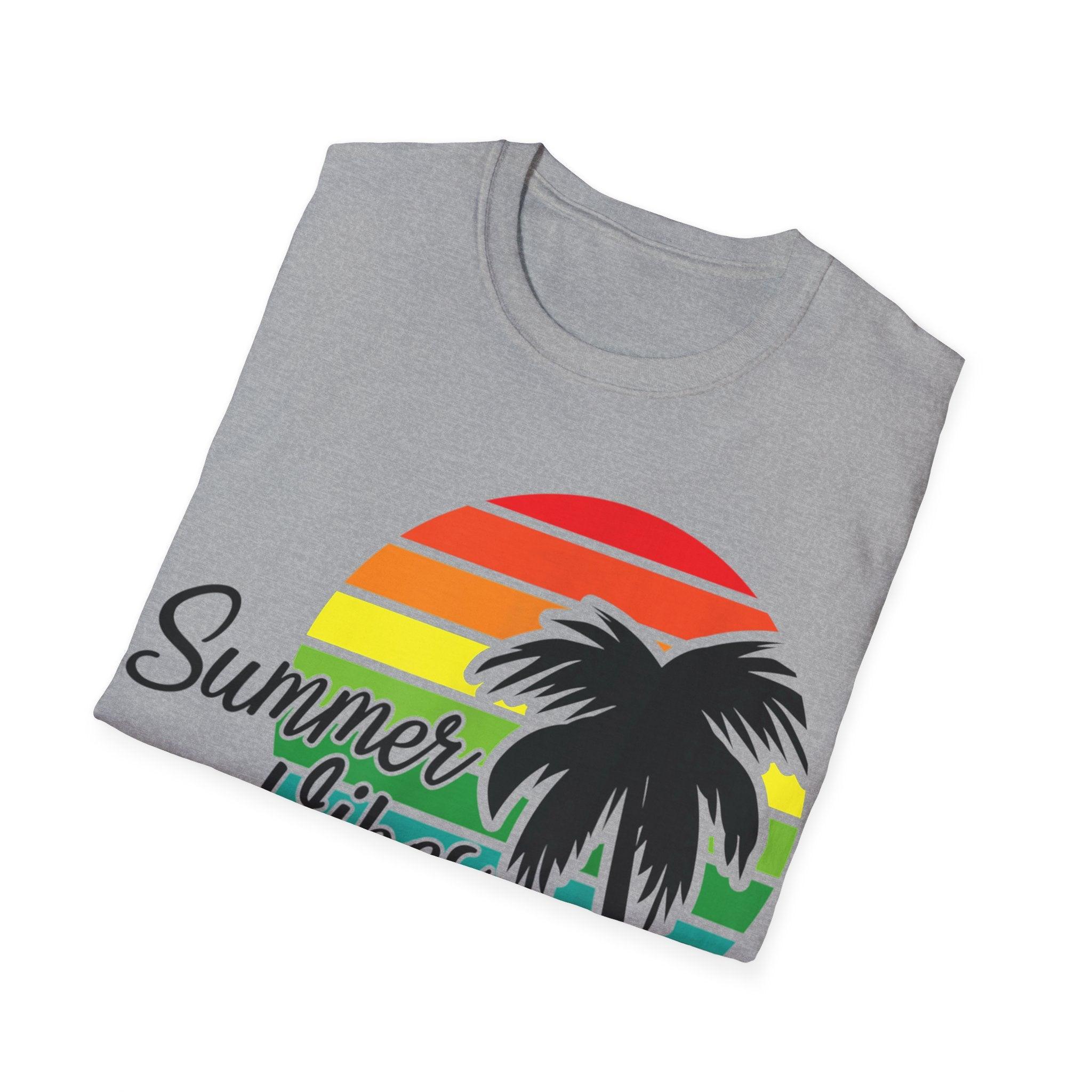 Retro Beach Summer Vibe Sunset And Palm Trees Unisex Softstyle T-Shirt Cotton, Crew neck, DTG, Men's Clothing, Regular fit, T-shirts, Women's Clothing - plusminusco.com
