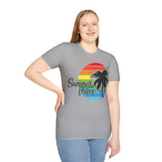 Retro Beach Summer Vibe Sunset And Palm Trees Unisex Softstyle T-Shirt Cotton, Crew neck, DTG, Men's Clothing, Regular fit, T-shirts, Women's Clothing - plusminusco.com