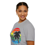 Retro Beach Summer Vibe Sunset And Palm Trees Unisex Softstyle T-Shirt Cotton, Crew neck, DTG, Men's Clothing, Regular fit, T-shirts, Women's Clothing - plusminusco.com