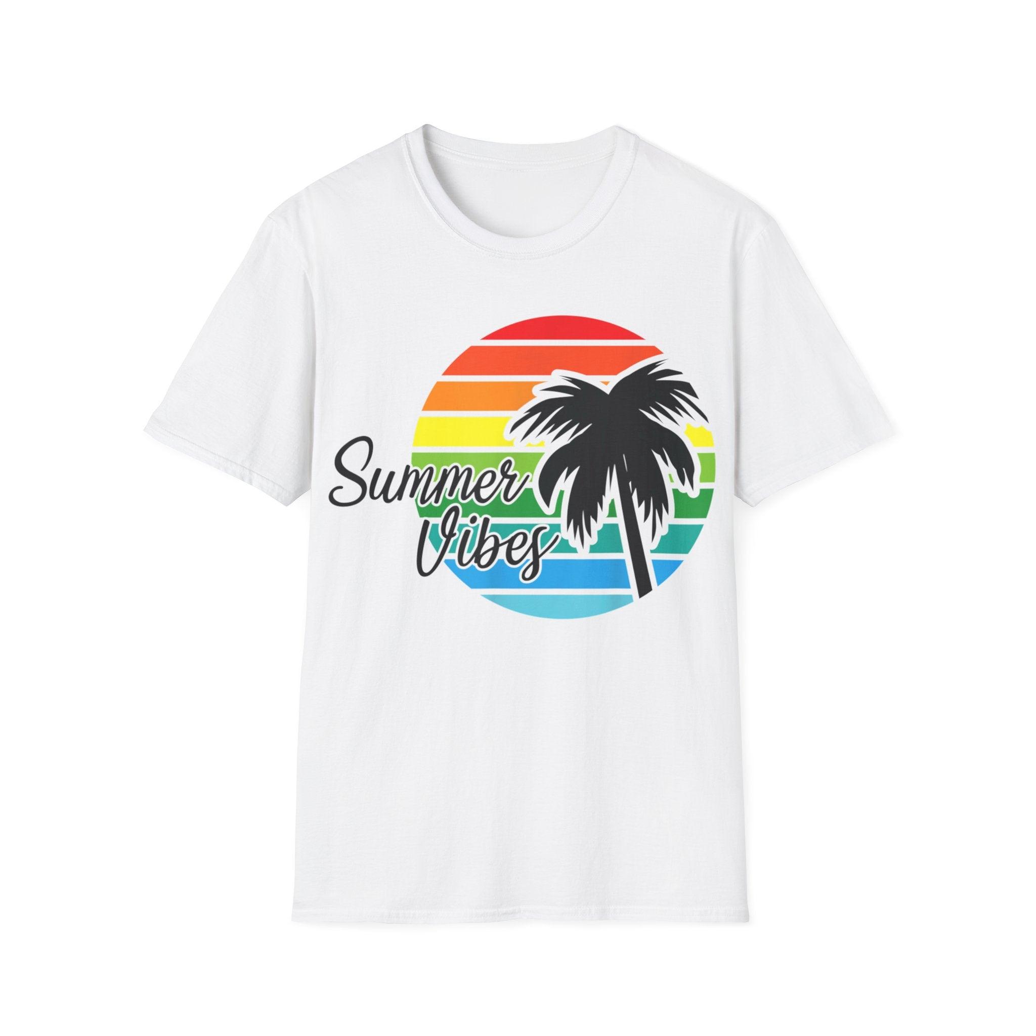 Retro Beach Summer Vibe Sunset And Palm Trees Unisex Softstyle T-Shirt Cotton, Crew neck, DTG, Men's Clothing, Regular fit, T-shirts, Women's Clothing - plusminusco.com