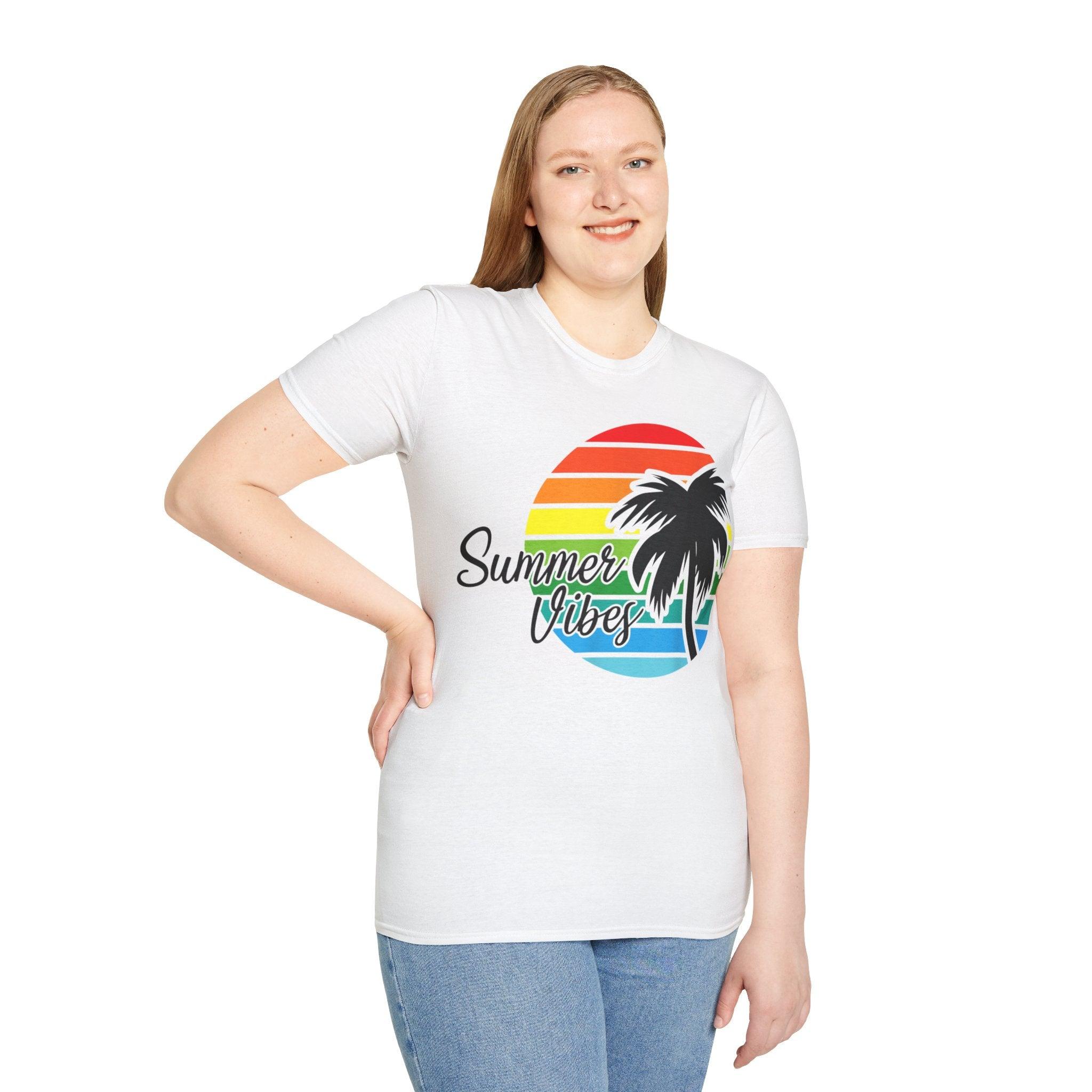 Retro Beach Summer Vibe Sunset And Palm Trees Unisex Softstyle T-Shirt Cotton, Crew neck, DTG, Men's Clothing, Regular fit, T-shirts, Women's Clothing - plusminusco.com
