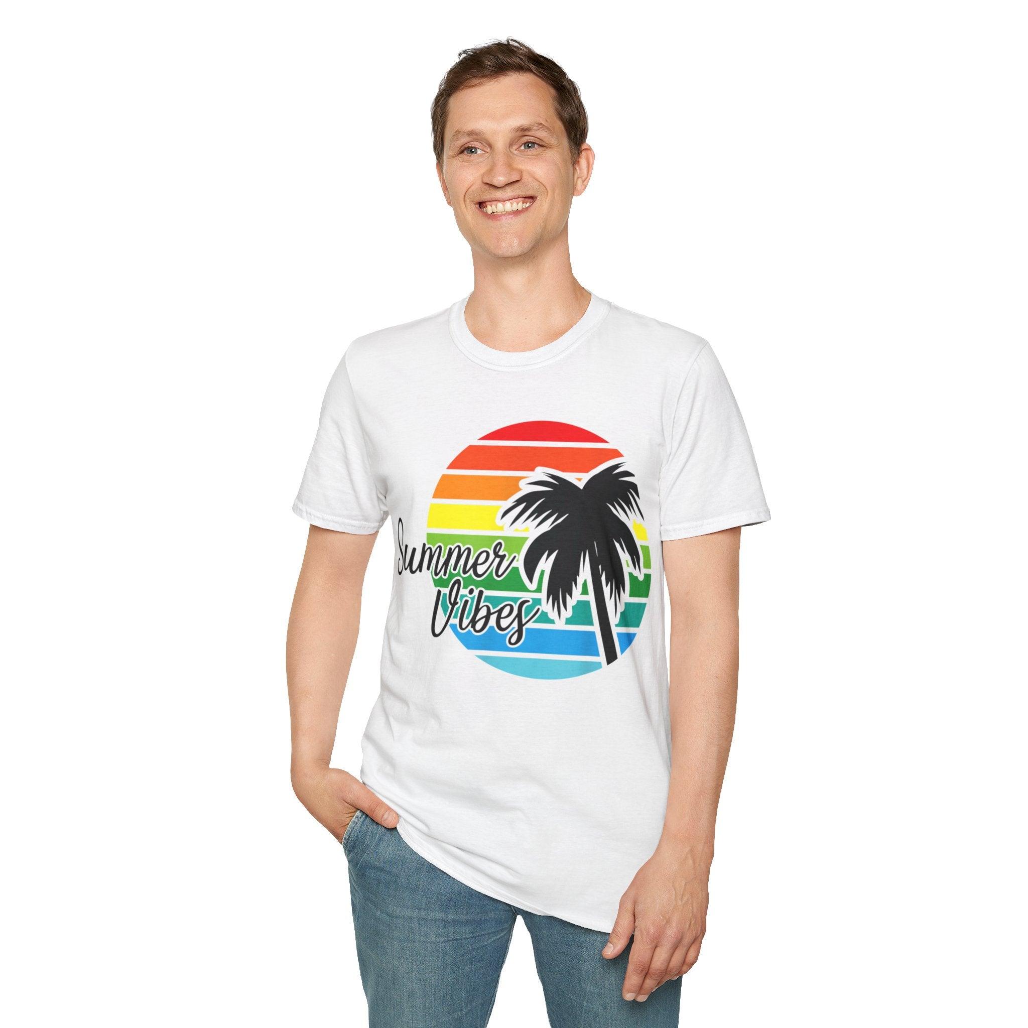 Retro Beach Summer Vibe Sunset And Palm Trees Unisex Softstyle T-Shirt Cotton, Crew neck, DTG, Men's Clothing, Regular fit, T-shirts, Women's Clothing - plusminusco.com