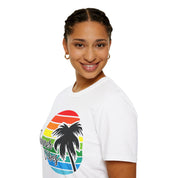Retro Beach Summer Vibe Sunset And Palm Trees Unisex Softstyle T-Shirt Cotton, Crew neck, DTG, Men's Clothing, Regular fit, T-shirts, Women's Clothing - plusminusco.com