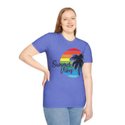 Retro Beach Summer Vibe Sunset And Palm Trees Unisex Softstyle T-Shirt Cotton, Crew neck, DTG, Men's Clothing, Regular fit, T-shirts, Women's Clothing - plusminusco.com