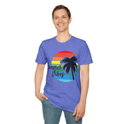 Retro Beach Summer Vibe Sunset And Palm Trees Unisex Softstyle T-Shirt Cotton, Crew neck, DTG, Men's Clothing, Regular fit, T-shirts, Women's Clothing - plusminusco.com