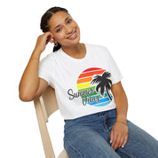 Retro Beach Summer Vibe Sunset And Palm Trees Unisex Softstyle T-Shirt Cotton, Crew neck, DTG, Men's Clothing, Regular fit, T-shirts, Women's Clothing - plusminusco.com