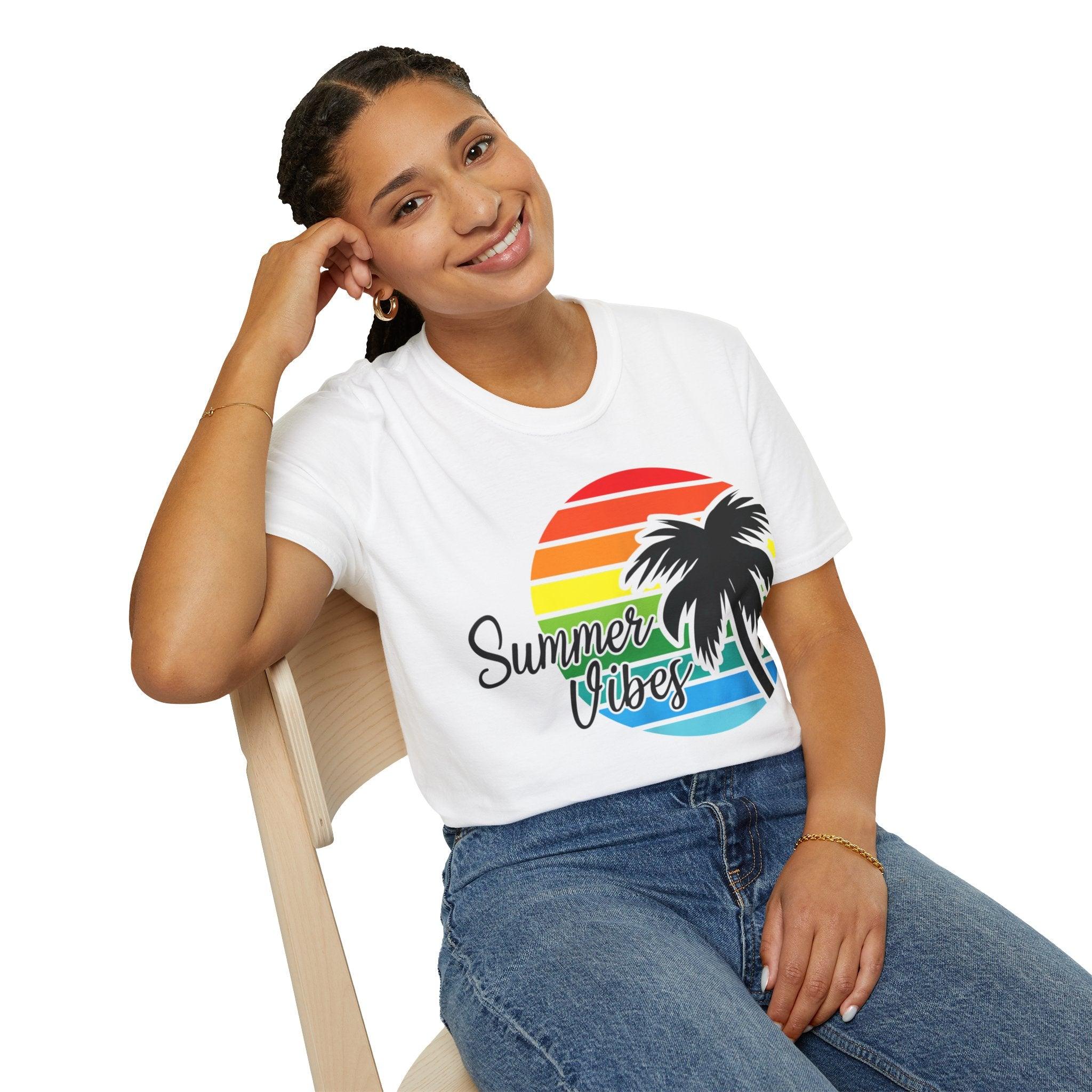 Retro Beach Summer Vibe Sunset And Palm Trees Unisex Softstyle T-Shirt Cotton, Crew neck, DTG, Men's Clothing, Regular fit, T-shirts, Women's Clothing - plusminusco.com