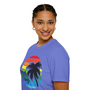 Retro Beach Summer Vibe Sunset And Palm Trees Unisex Softstyle T-Shirt Cotton, Crew neck, DTG, Men's Clothing, Regular fit, T-shirts, Women's Clothing - plusminusco.com
