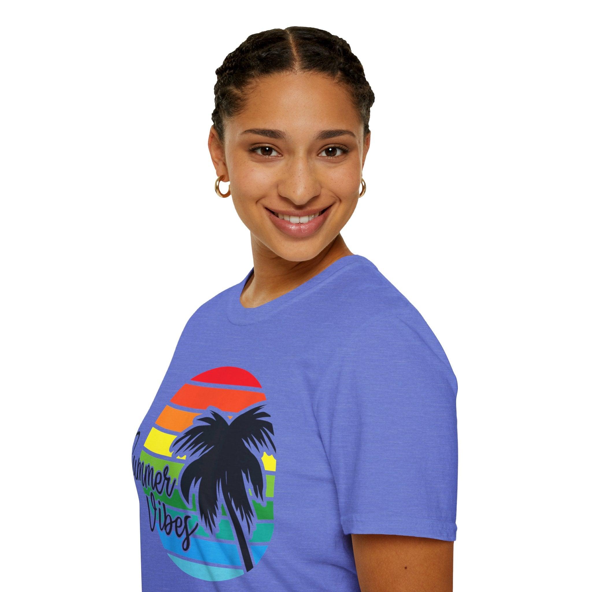 Retro Beach Summer Vibe Sunset And Palm Trees Unisex Softstyle T-Shirt Cotton, Crew neck, DTG, Men's Clothing, Regular fit, T-shirts, Women's Clothing - plusminusco.com