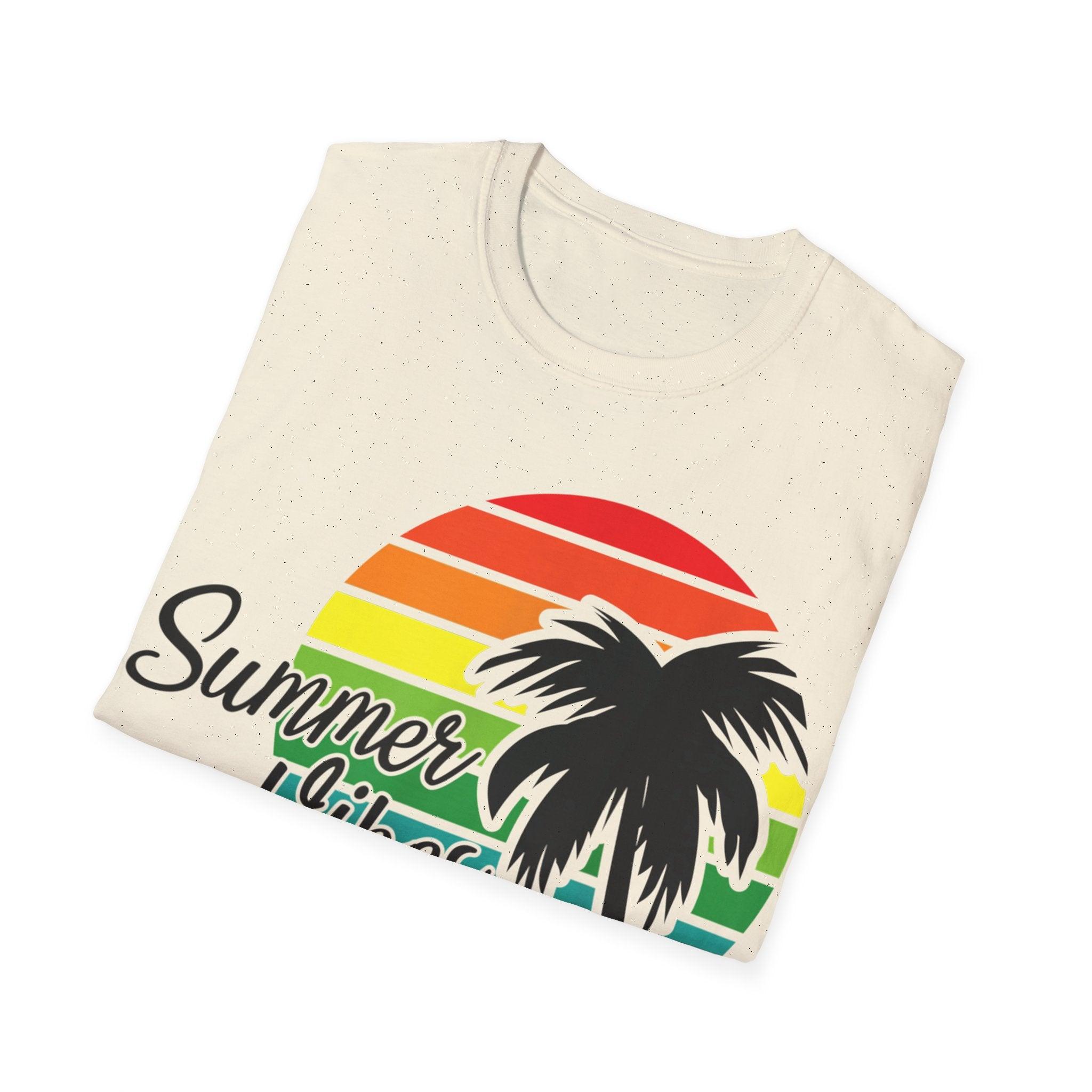 Retro Beach Summer Vibe Sunset And Palm Trees Unisex Softstyle T-Shirt Cotton, Crew neck, DTG, Men's Clothing, Regular fit, T-shirts, Women's Clothing - plusminusco.com