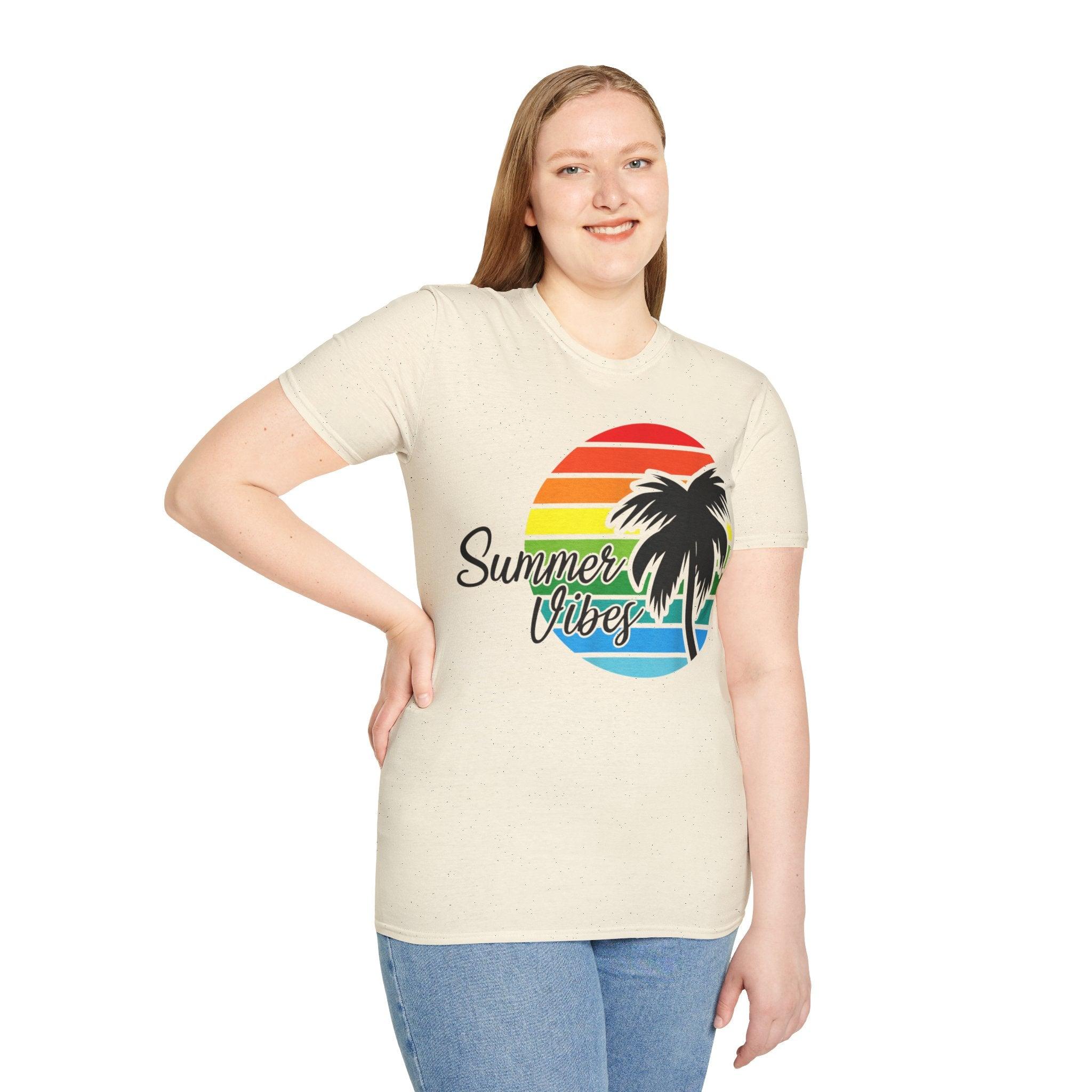 Retro Beach Summer Vibe Sunset And Palm Trees Unisex Softstyle T-Shirt Cotton, Crew neck, DTG, Men's Clothing, Regular fit, T-shirts, Women's Clothing - plusminusco.com