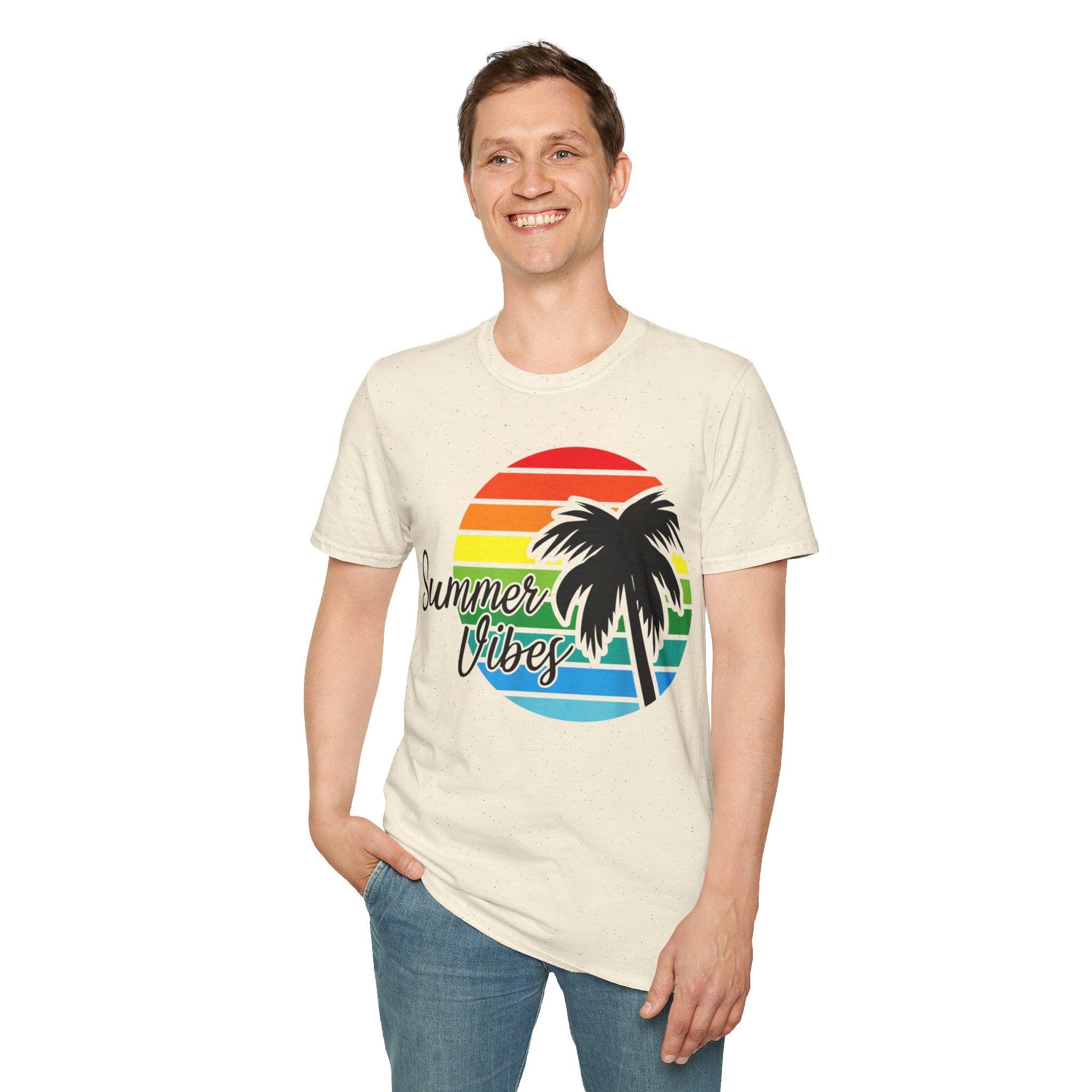 Retro Beach Summer Vibe Sunset And Palm Trees Unisex Softstyle T-Shirt Cotton, Crew neck, DTG, Men's Clothing, Regular fit, T-shirts, Women's Clothing - plusminusco.com