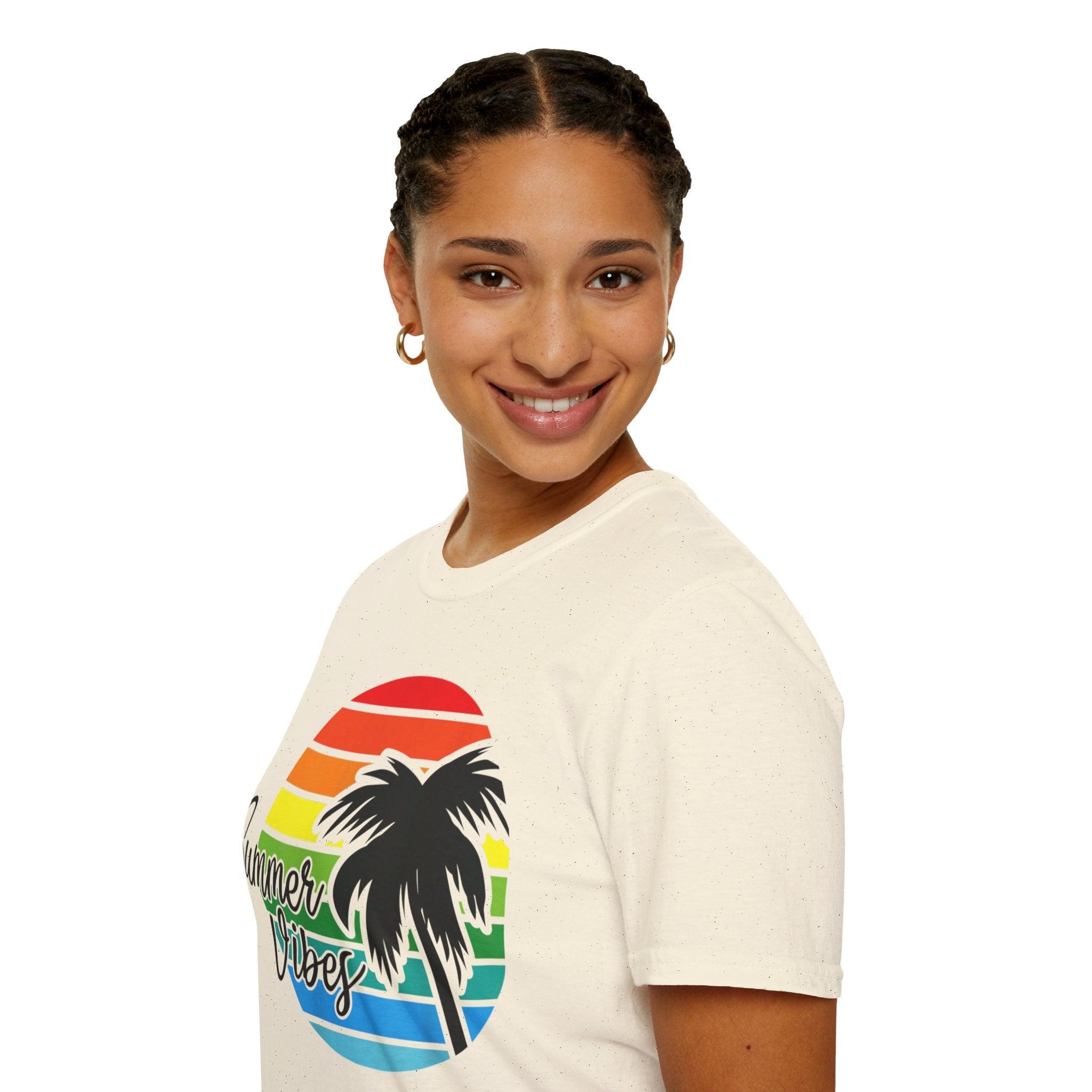Retro Beach Summer Vibe Sunset And Palm Trees Unisex Softstyle T-Shirt Cotton, Crew neck, DTG, Men's Clothing, Regular fit, T-shirts, Women's Clothing - plusminusco.com