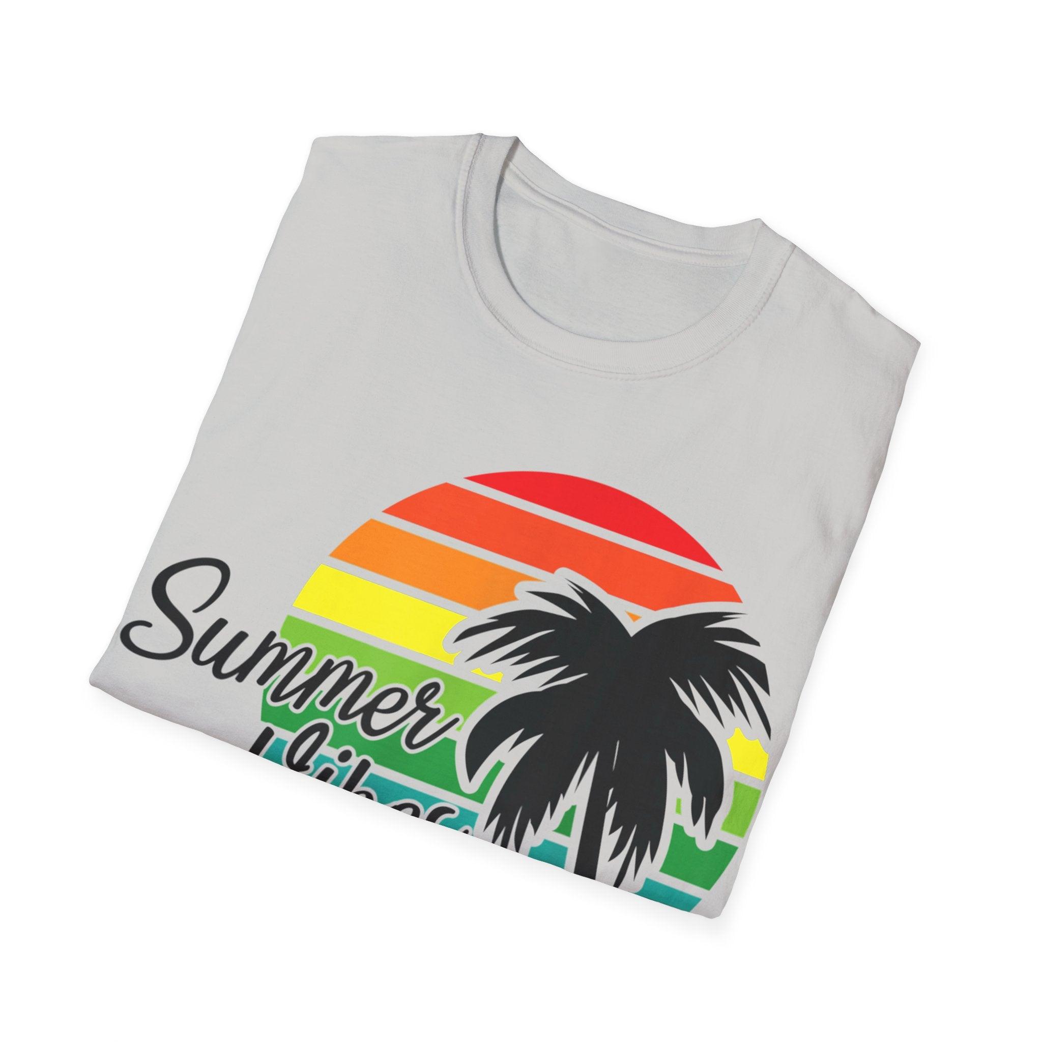 Retro Beach Summer Vibe Sunset And Palm Trees Unisex Softstyle T-Shirt Cotton, Crew neck, DTG, Men's Clothing, Regular fit, T-shirts, Women's Clothing - plusminusco.com