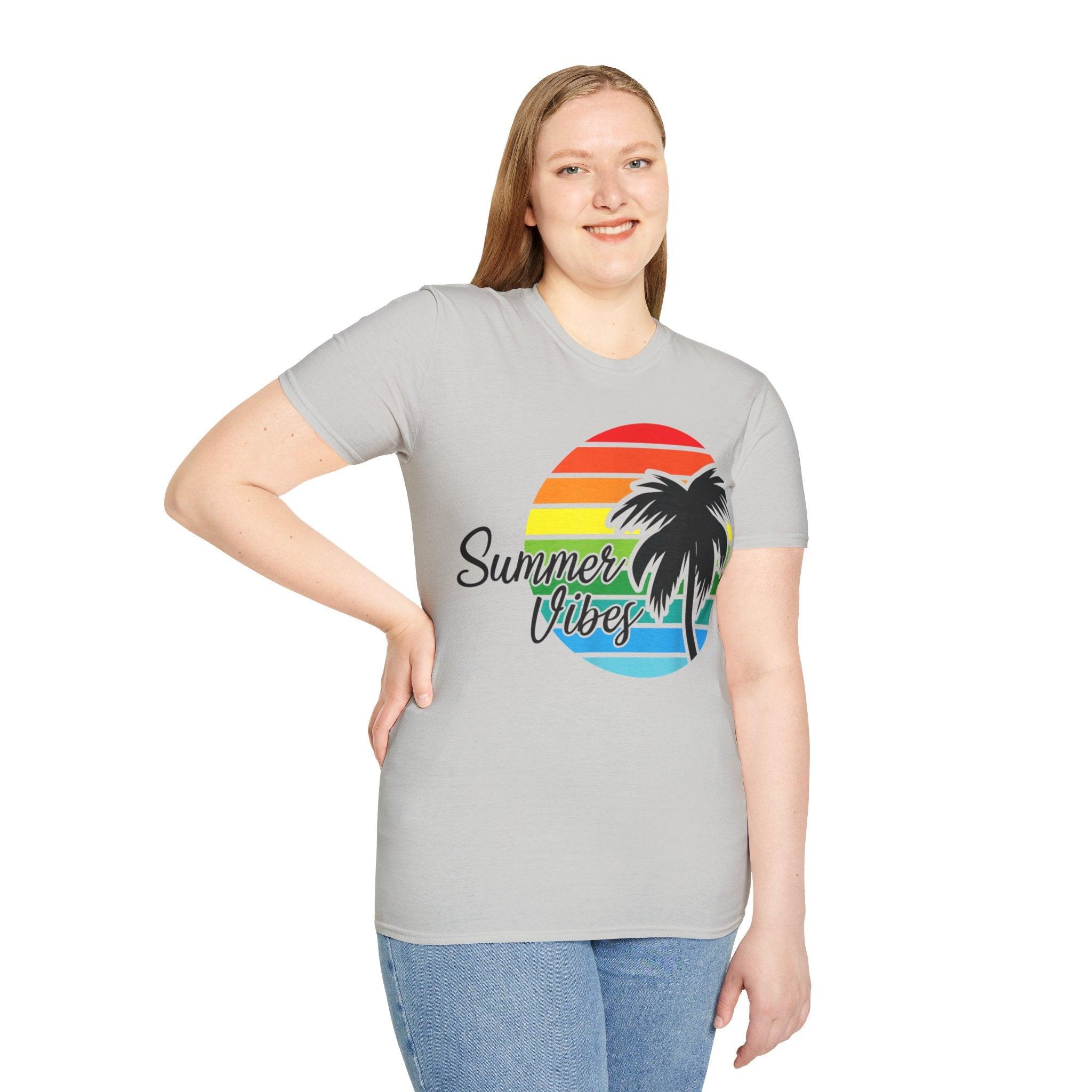 Retro Beach Summer Vibe Sunset And Palm Trees Unisex Softstyle T-Shirt Cotton, Crew neck, DTG, Men's Clothing, Regular fit, T-shirts, Women's Clothing - plusminusco.com