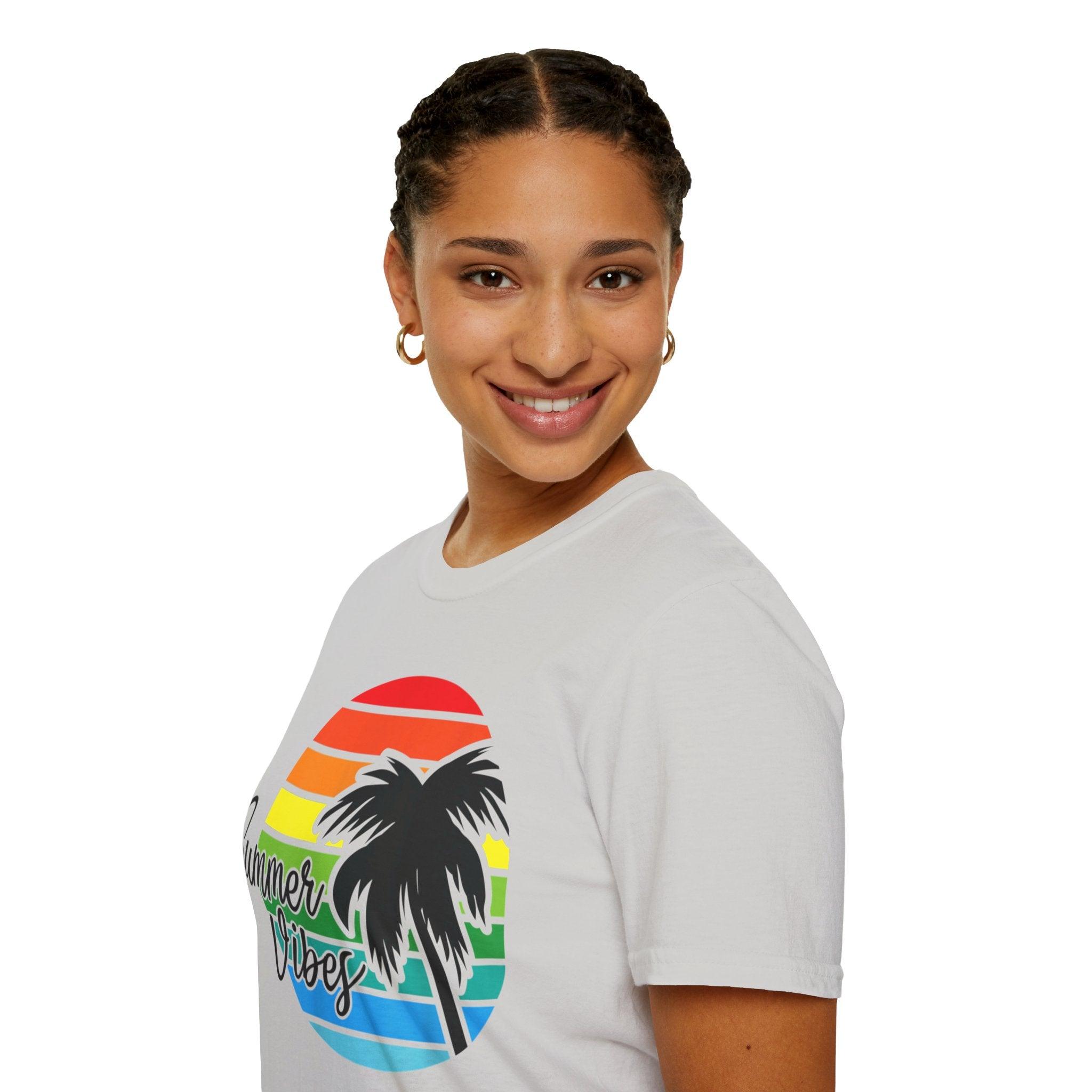 Retro Beach Summer Vibe Sunset And Palm Trees Unisex Softstyle T-Shirt Cotton, Crew neck, DTG, Men's Clothing, Regular fit, T-shirts, Women's Clothing - plusminusco.com