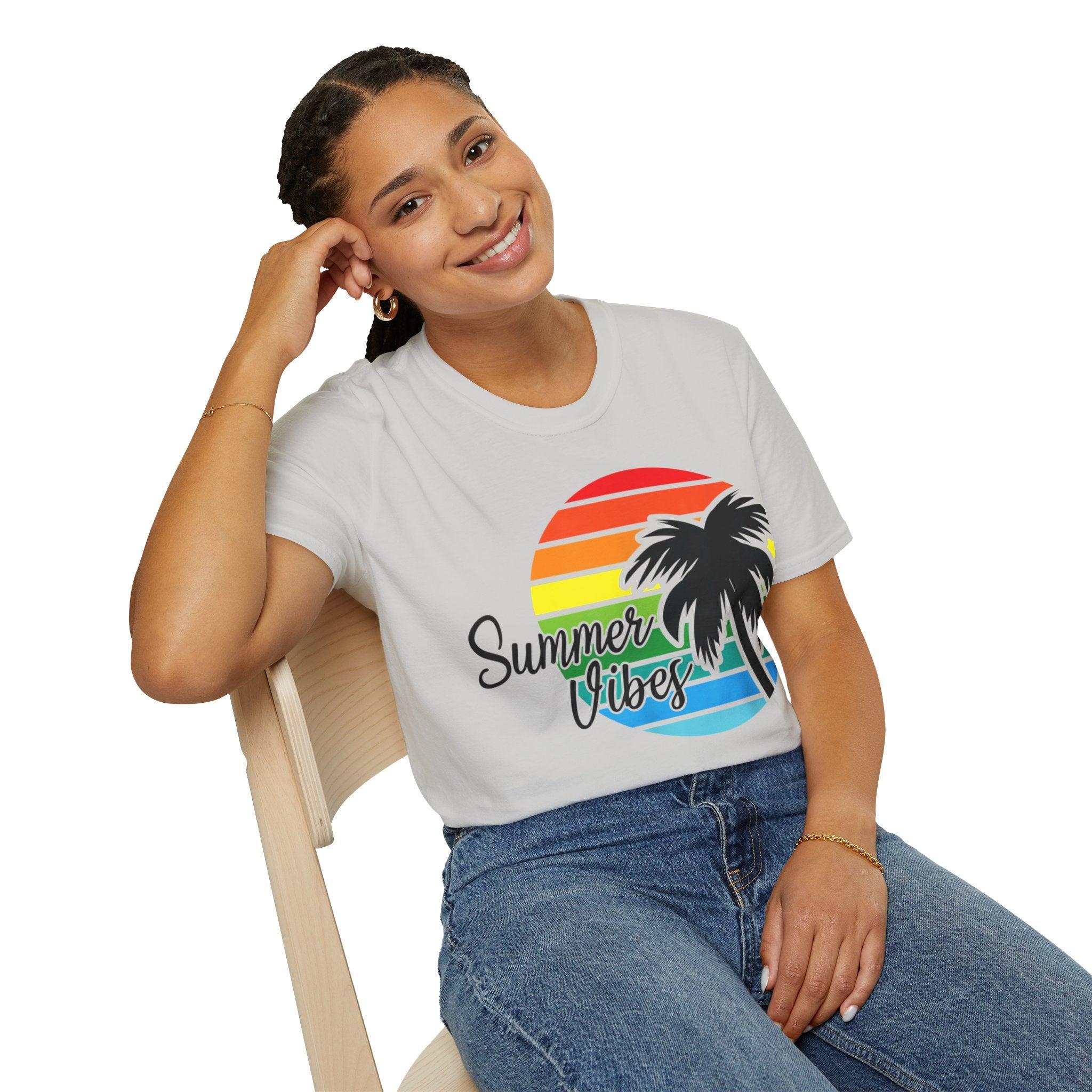 Retro Beach Summer Vibe Sunset And Palm Trees Unisex Softstyle T-Shirt Cotton, Crew neck, DTG, Men's Clothing, Regular fit, T-shirts, Women's Clothing - plusminusco.com