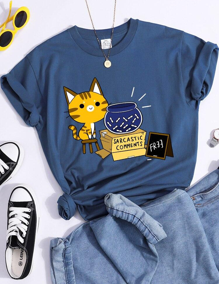 Sarcastic Comments Kawaii Cat T-Shirt Women Fashion Casual T Shirts Street Hip Hop Crop Top Cool Sport Breathable Female Tshirts - plusminusco.com