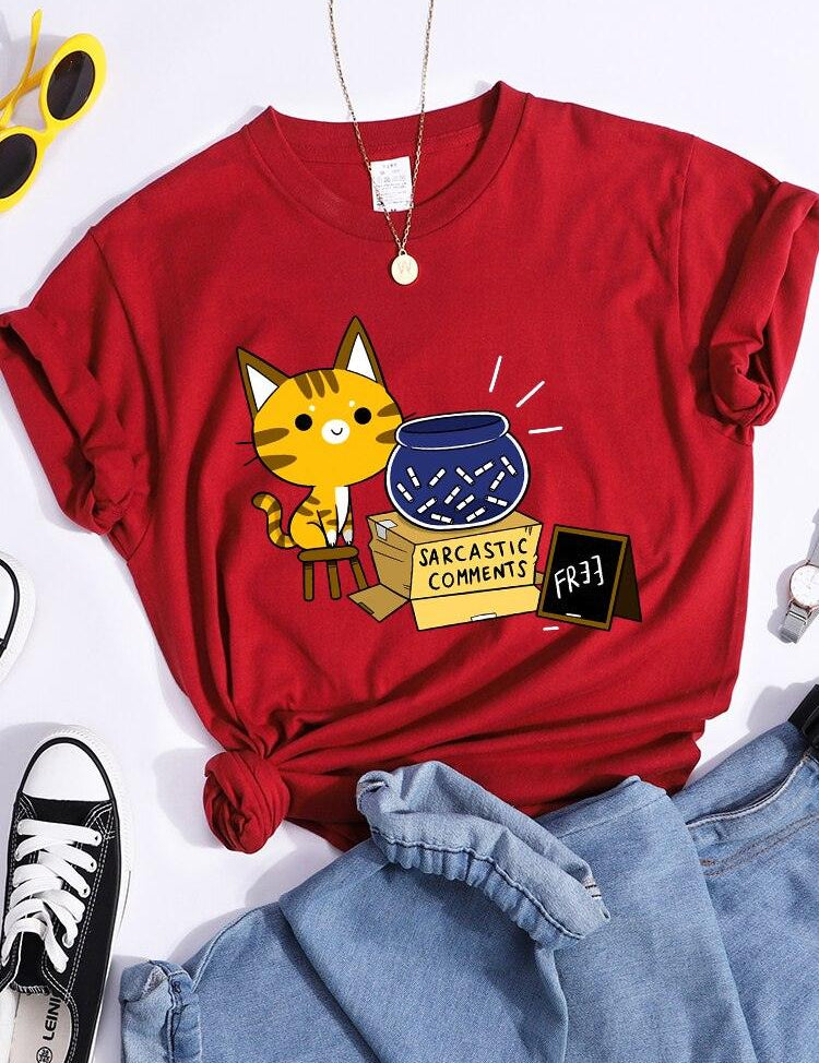 Sarcastic Comments Kawaii Cat T-Shirt Women Fashion Casual T Shirts Street Hip Hop Crop Top Cool Sport Breathable Female Tshirts - plusminusco.com