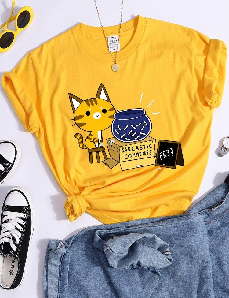 Sarcastic Comments Kawaii Cat T-Shirt Women Fashion Casual T Shirts Street Hip Hop Crop Top Cool Sport Breathable Female Tshirts - plusminusco.com