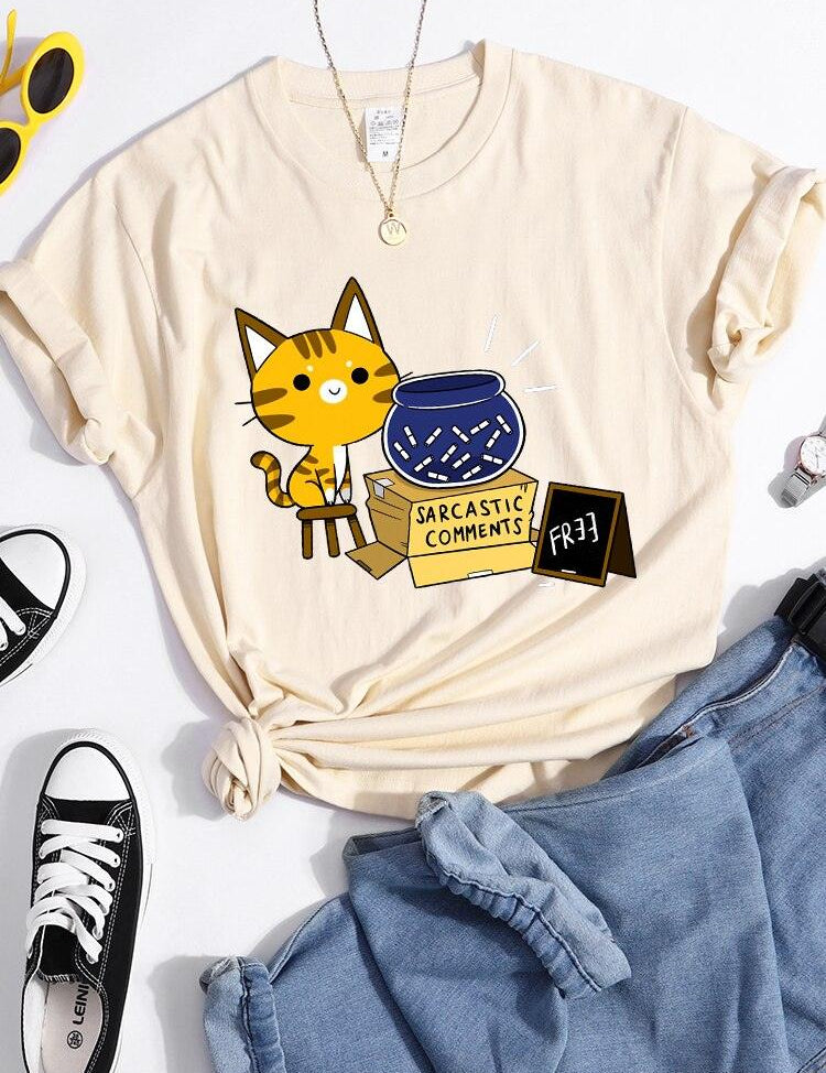Sarcastic Comments Kawaii Cat T-Shirt Women Fashion Casual T Shirts Street Hip Hop Crop Top Cool Sport Breathable Female Tshirts - plusminusco.com