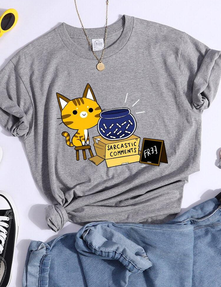 Sarcastic Comments Kawaii Cat T-Shirt Women Fashion Casual T Shirts Street Hip Hop Crop Top Cool Sport Breathable Female Tshirts - plusminusco.com