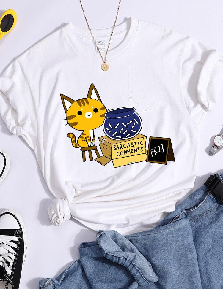 Sarcastic Comments Kawaii Cat T-Shirt Women Fashion Casual T Shirts Street Hip Hop Crop Top Cool Sport Breathable Female Tshirts - plusminusco.com