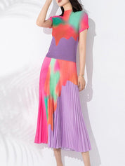Summer Pleated Two Piece Sets For Women Short Sleeve Mock Neck Contrast Color Tops Elegant Elastic Waist Skirt - plusminusco.com