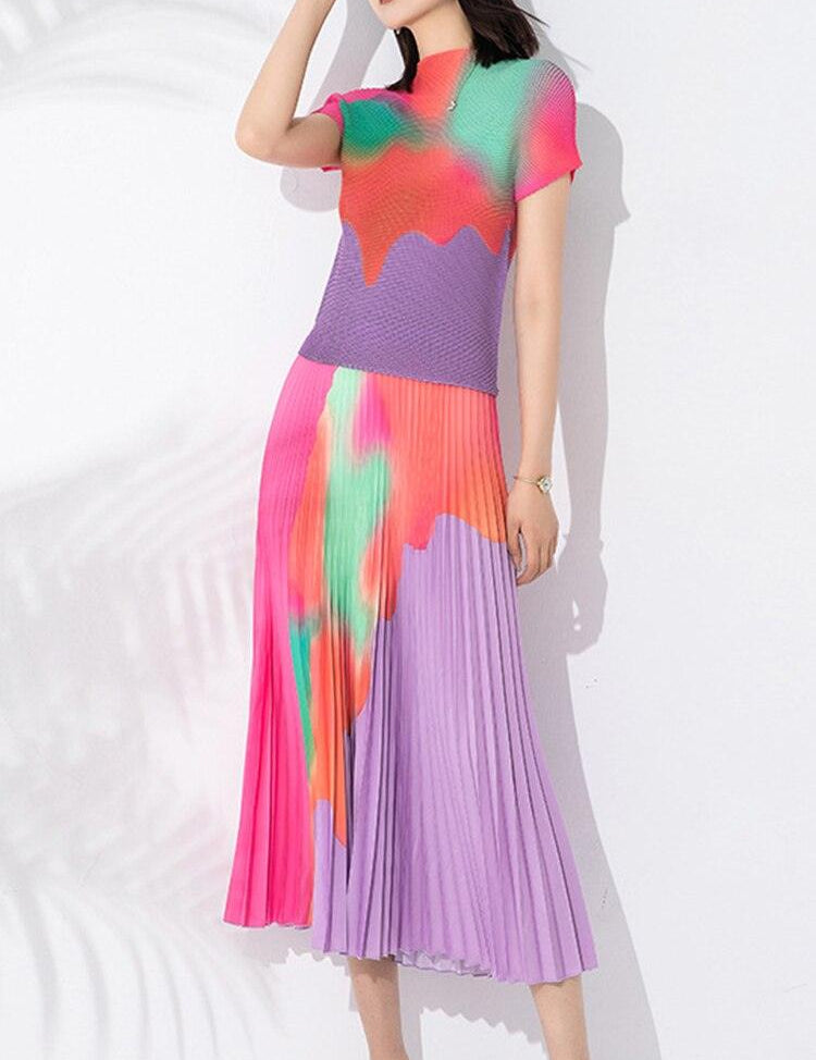Summer Pleated Two Piece Sets For Women Short Sleeve Mock Neck Contrast Color Tops Elegant Elastic Waist Skirt - plusminusco.com