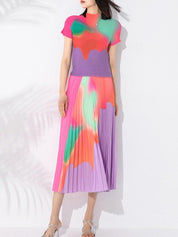 Летние плиссированные комплекты из двух предметов для женщин, топы с коротким рукавом и воротником контрастного цвета, элегантная юбка с эластичной резинкой на талии - plusminusco.com
